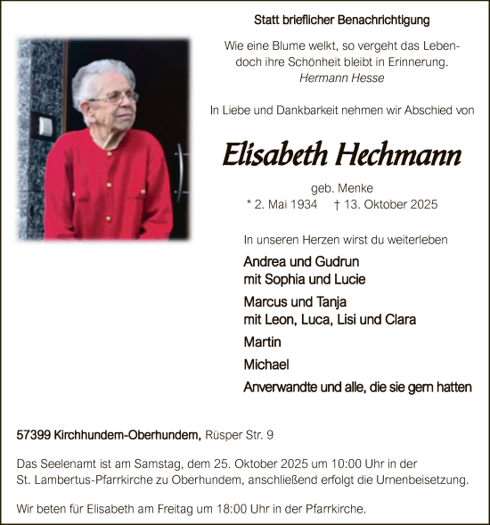 Traueranzeige von Elisabeth Hechmann von HASK