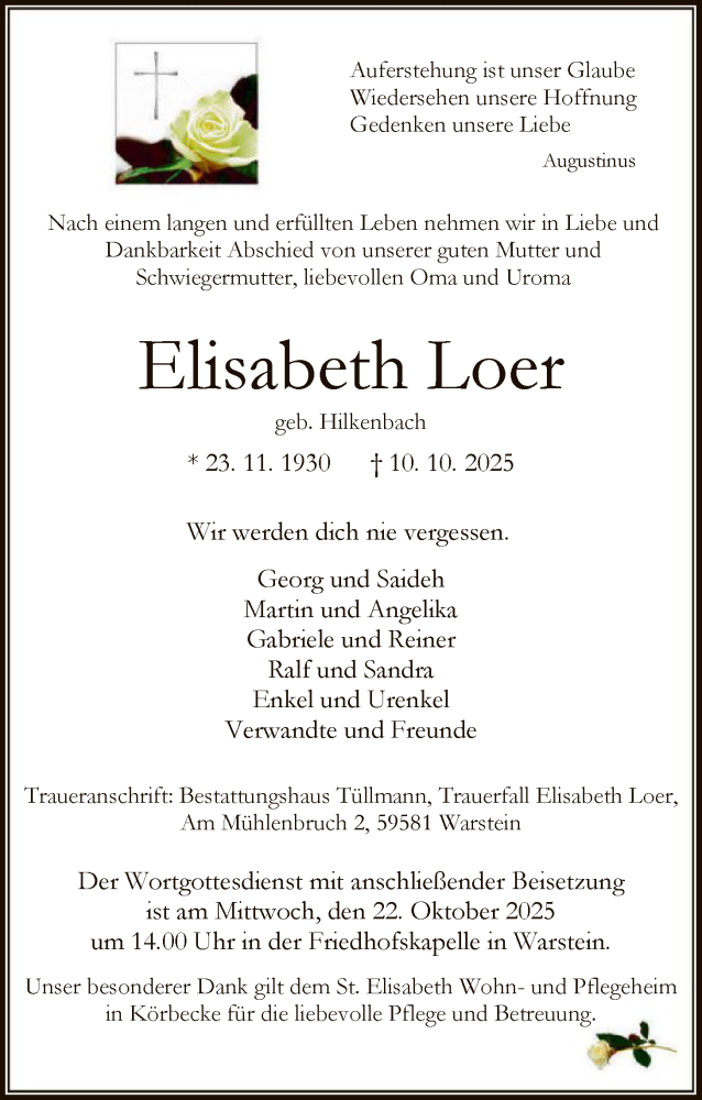  Traueranzeige für Elisabeth Loer vom 18.10.2025 aus HASO