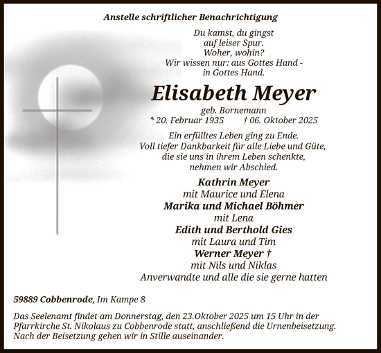 Traueranzeige von Elisabeth Meyer von HASK