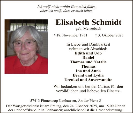 Traueranzeige von Elisabeth Schmidt von HASK