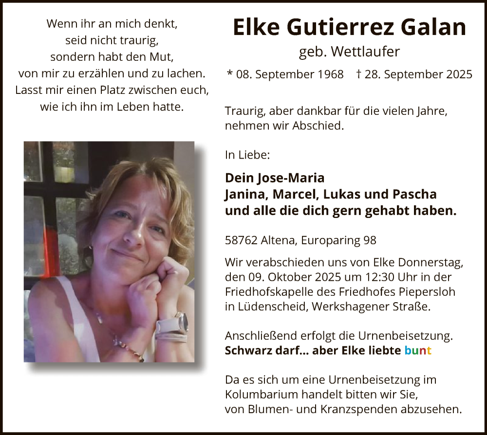  Traueranzeige für Elke Gutierrez Galan vom 04.10.2025 aus HALN