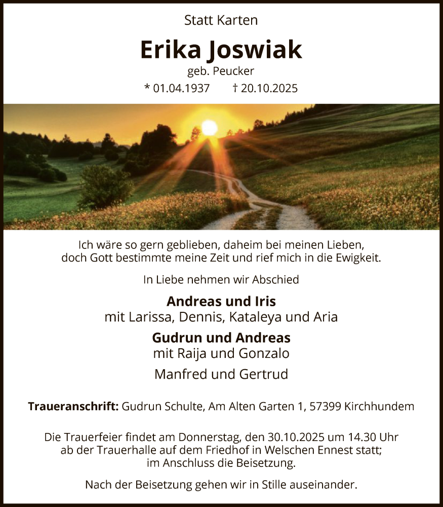  Traueranzeige für Erika Joswiak vom 25.10.2025 aus HASK