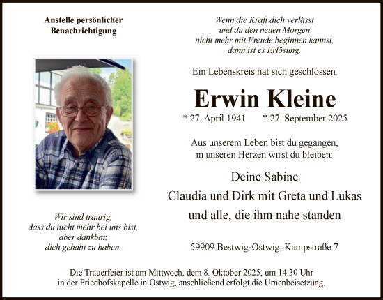 Traueranzeige von Erwin Kleine von HASK