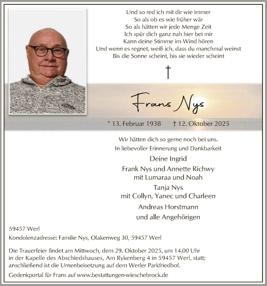 Traueranzeige von Frans Nys von HASO