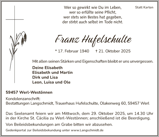 Traueranzeige von Franz Hufelschulte von HASO