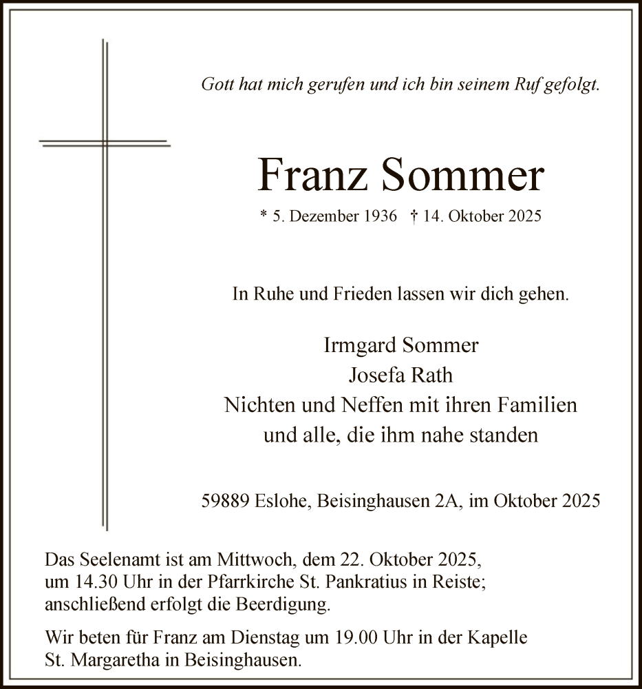  Traueranzeige für Franz Sommer vom 18.10.2025 aus HASK