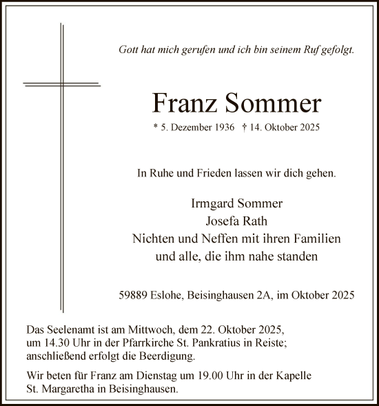 Traueranzeige von Franz Sommer von HASK