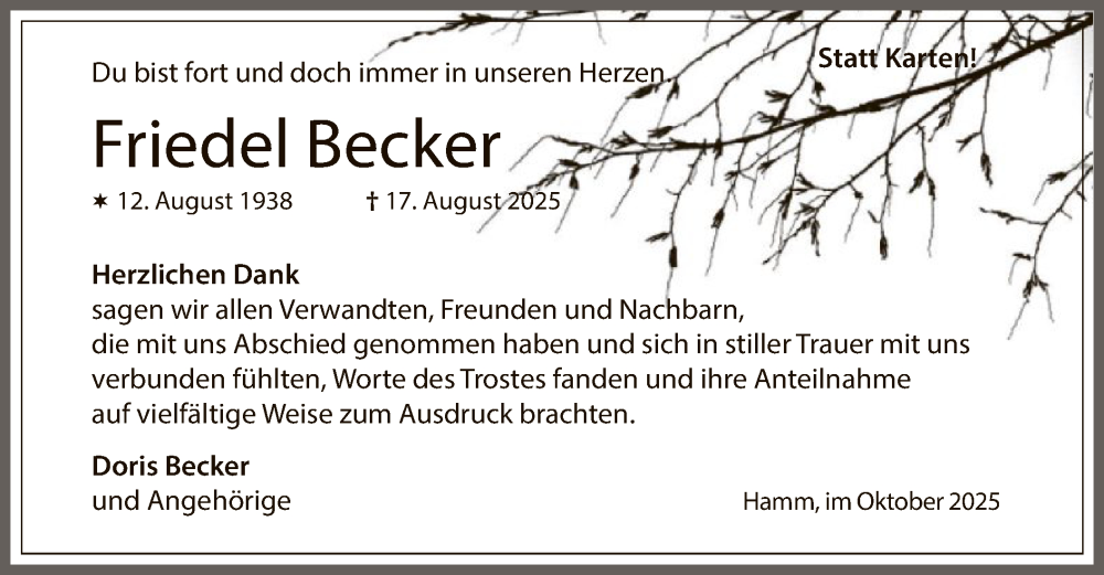  Traueranzeige für Friedel Becker vom 04.10.2025 aus HAWA