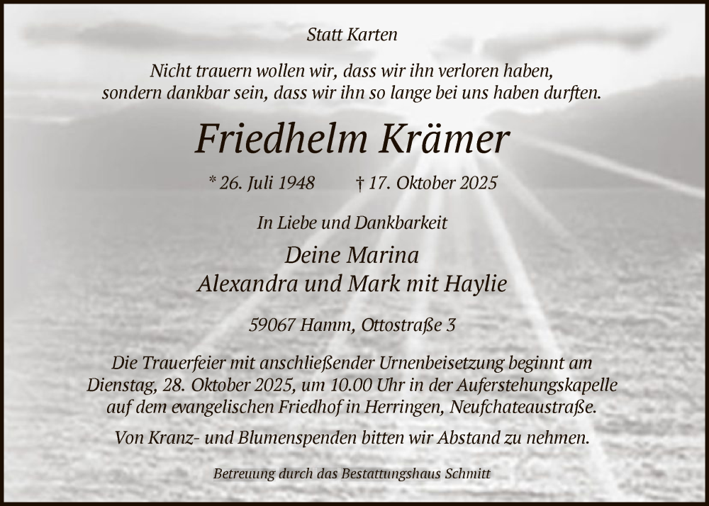  Traueranzeige für Friedhelm Krämer vom 25.10.2025 aus HAWA