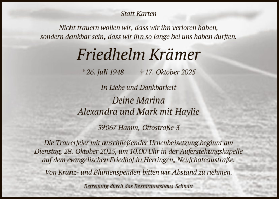Traueranzeige von Friedhelm Krämer von HAWA