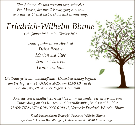 Traueranzeige von Friedrich-Wilhelm Blume von HALN