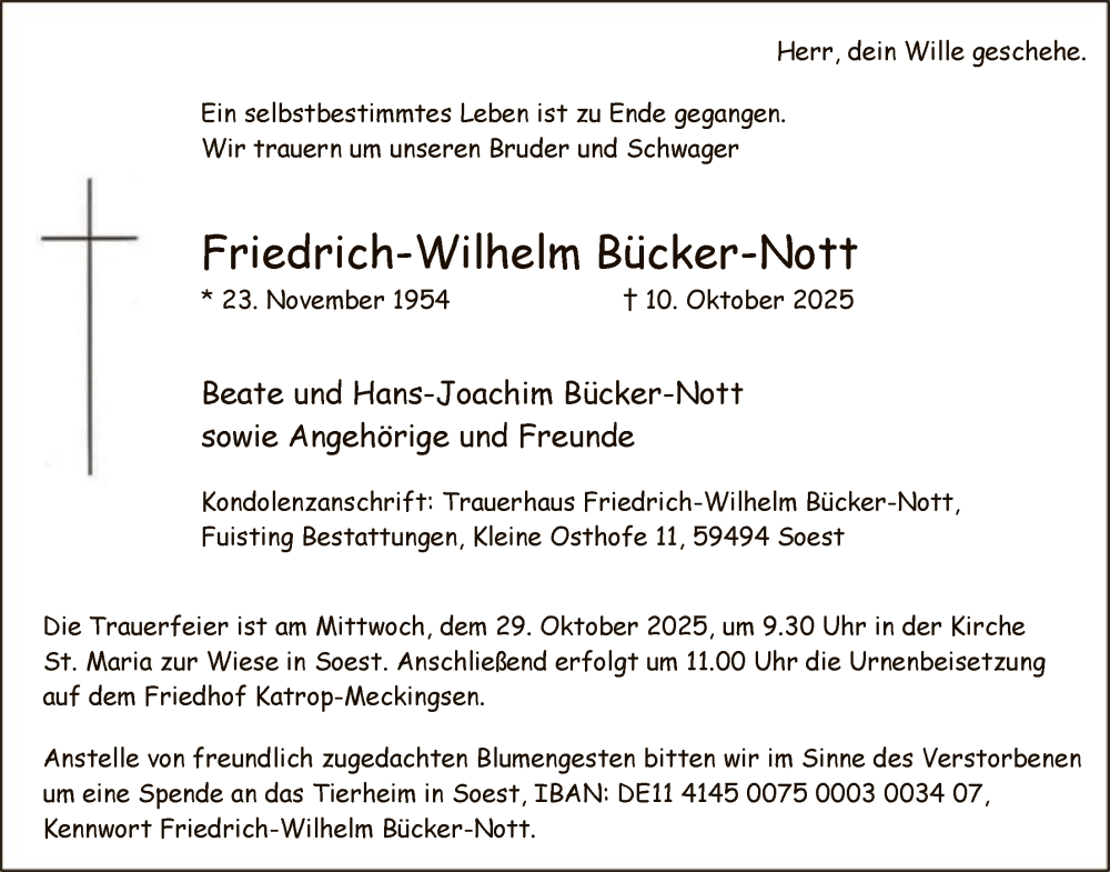  Traueranzeige für Friedrich-Wilhelm Bücker-Nott vom 18.10.2025 aus HASO