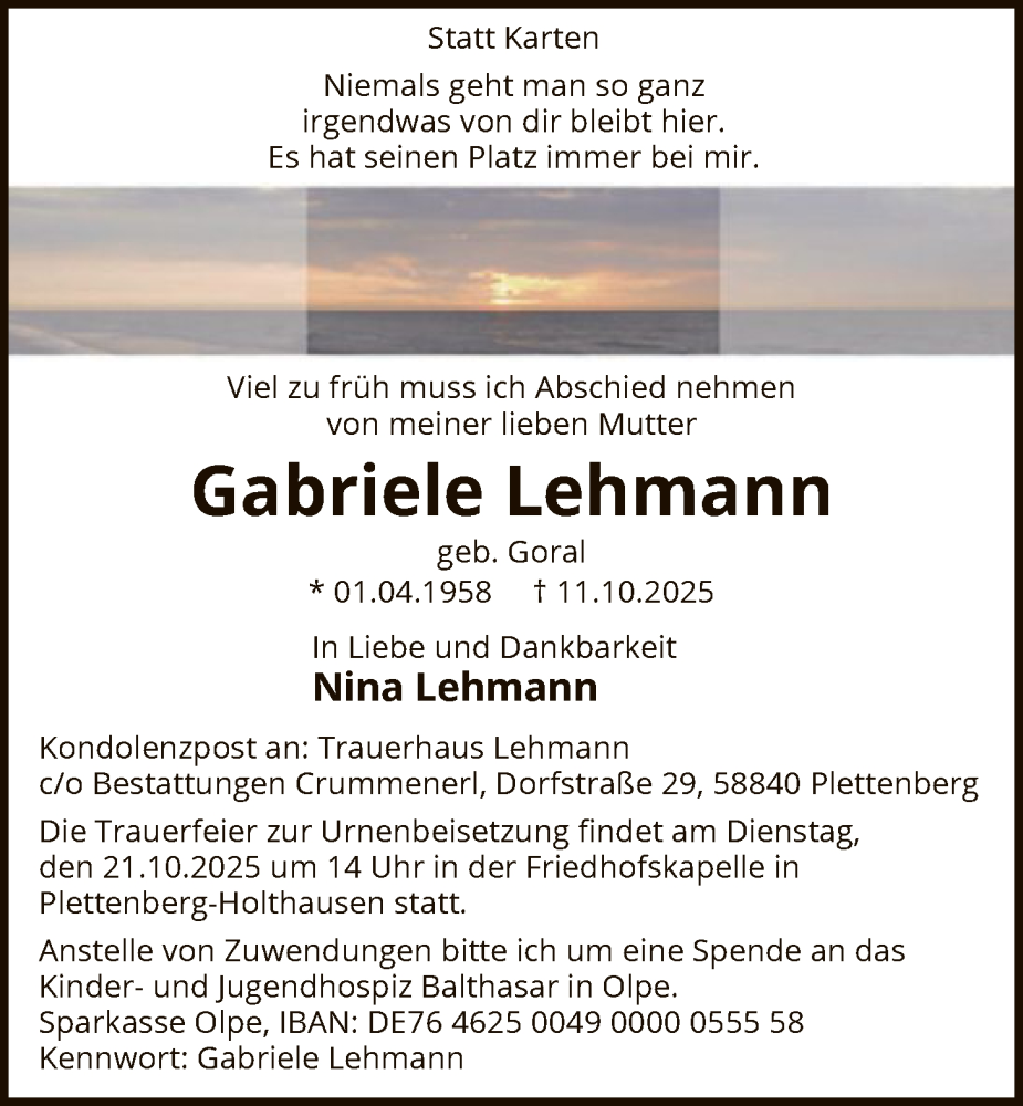  Traueranzeige für Gabriele Lehmann vom 15.10.2025 aus HALN