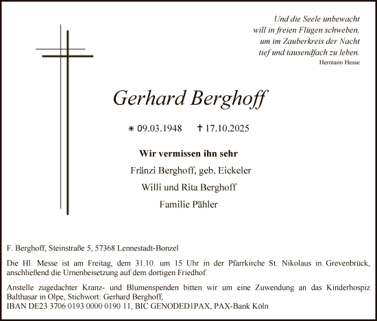 Traueranzeige von Gerhard Berghoff von HASK