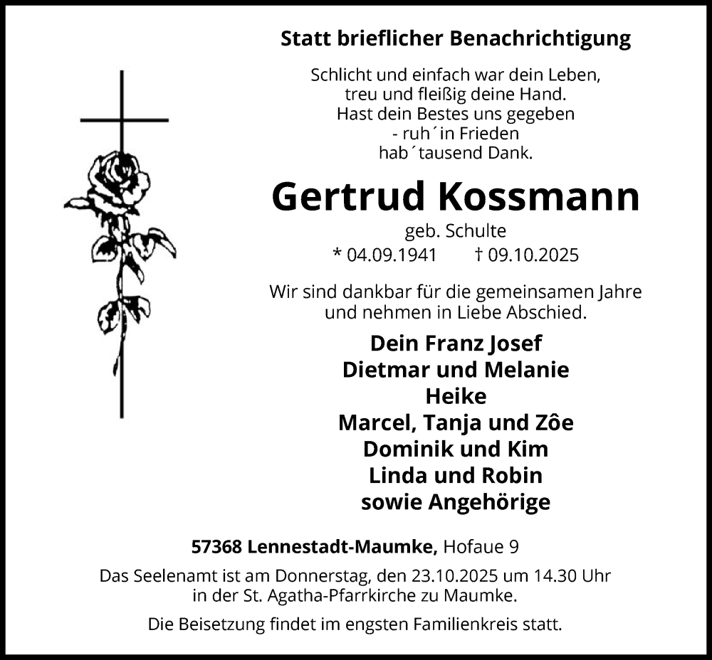  Traueranzeige für Gertrud Kossmann vom 18.10.2025 aus HASK