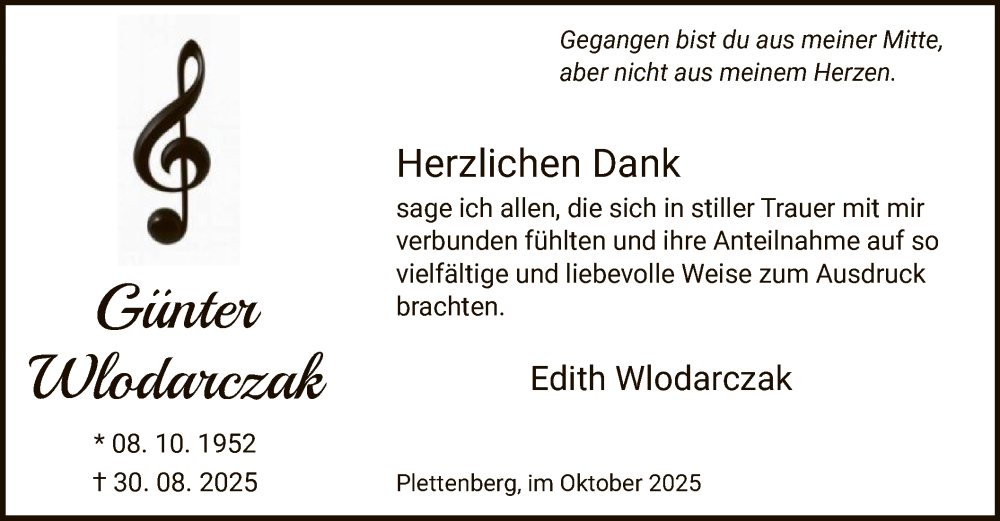  Traueranzeige für Günter Wlodarczak vom 11.10.2025 aus HALN