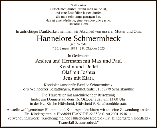 Traueranzeige von Hannelore Schmermbeck von HALN