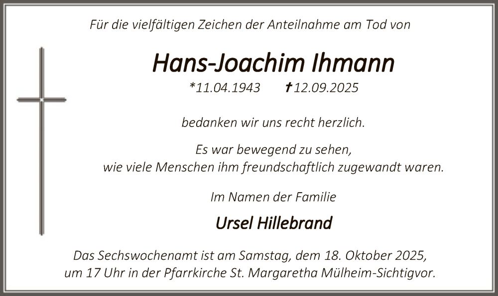  Traueranzeige für Hans-Joachim Ihmann vom 11.10.2025 aus HASO