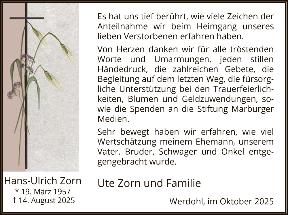  Traueranzeige für Hans-Ulrich Zorn vom 11.10.2025 aus HALN