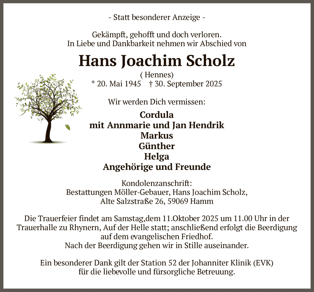  Traueranzeige für Hans Joachim Scholz vom 07.10.2025 aus HAWA