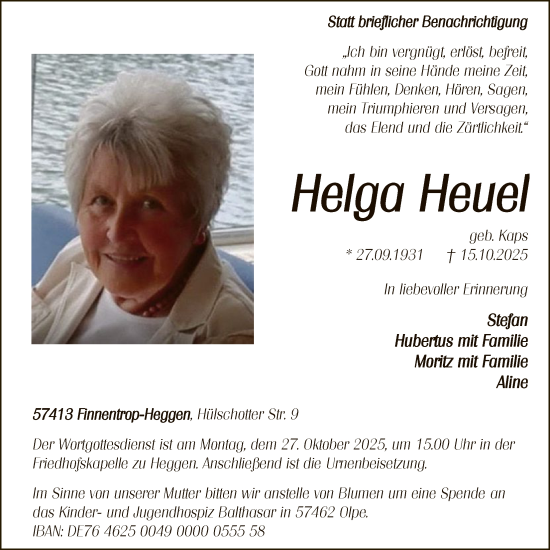 Traueranzeige von Helga Heuel von HASK
