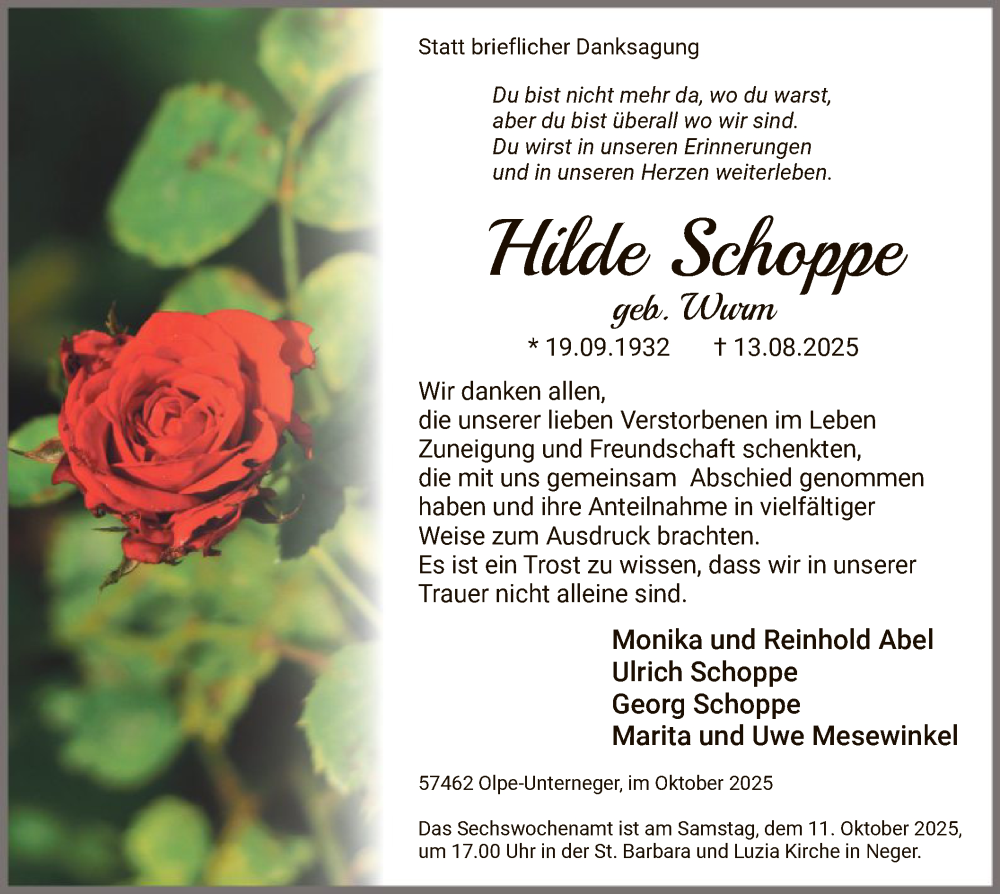  Traueranzeige für Hilde Schoppe vom 04.10.2025 aus HASK