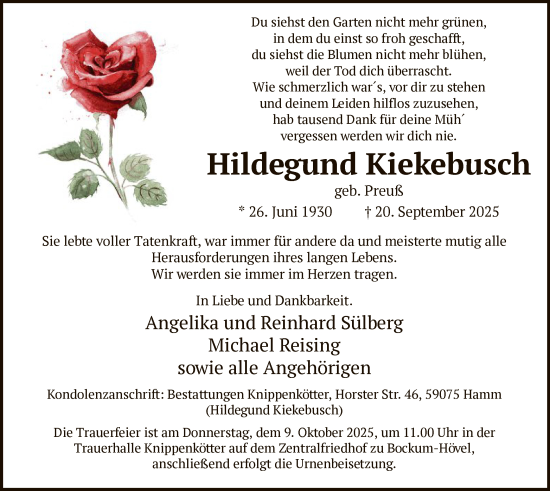 Traueranzeige von Hildegund Kiekebusch von HAWA
