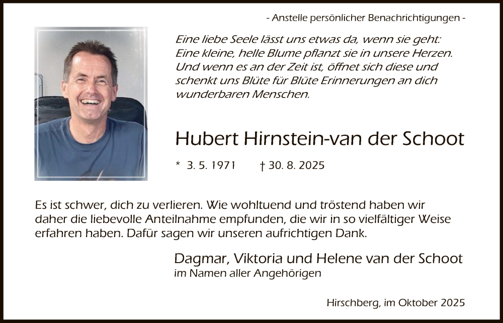  Traueranzeige für Hubert Hirnstein-van der Schoot vom 18.10.2025 aus HASO
