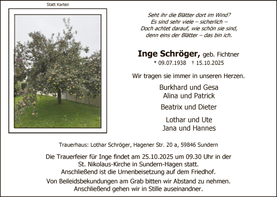 Traueranzeige von Inge Schröger von HASK