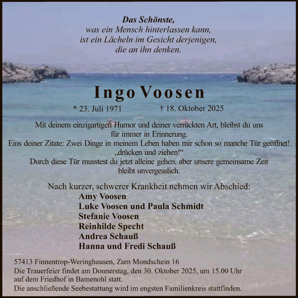  Traueranzeige für Ingo Voosen vom 25.10.2025 aus HASK