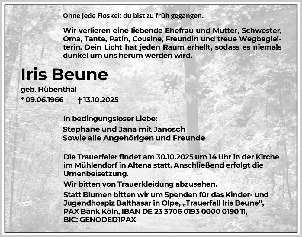  Traueranzeige für Iris Beune vom 25.10.2025 aus HALN