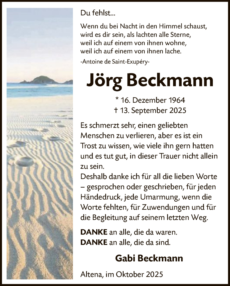 Traueranzeige für Jörg Beckmann vom 11.10.2025 aus HALN