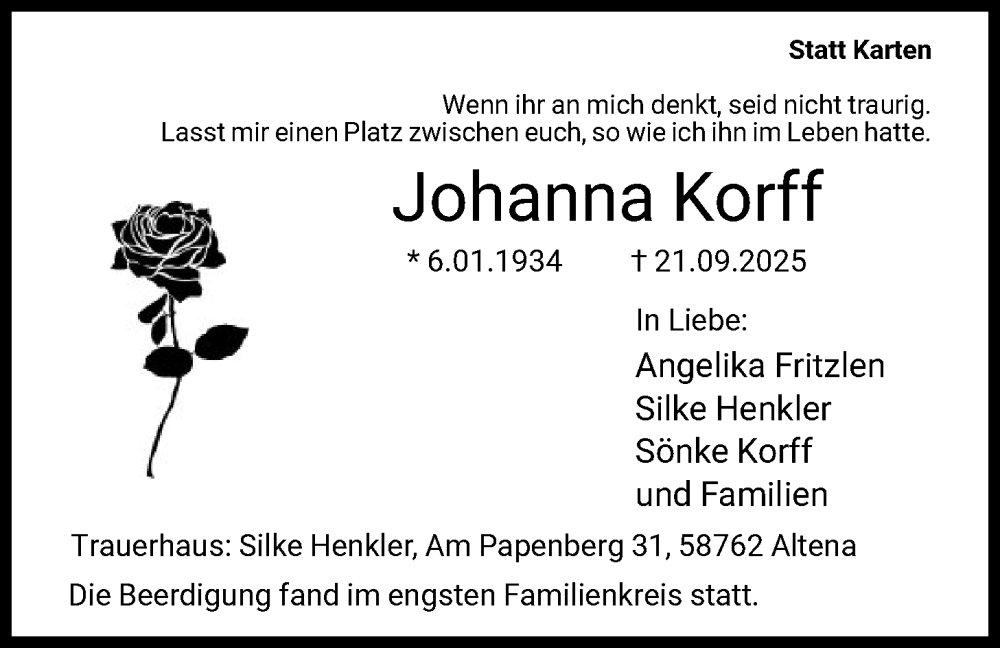  Traueranzeige für Johanna Korff vom 23.10.2025 aus HALN