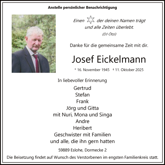 Traueranzeige von Josef Eickelmann von HASK