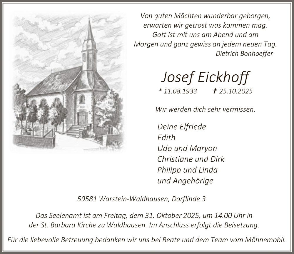  Traueranzeige für Josef Eickhoff vom 29.10.2025 aus HASO