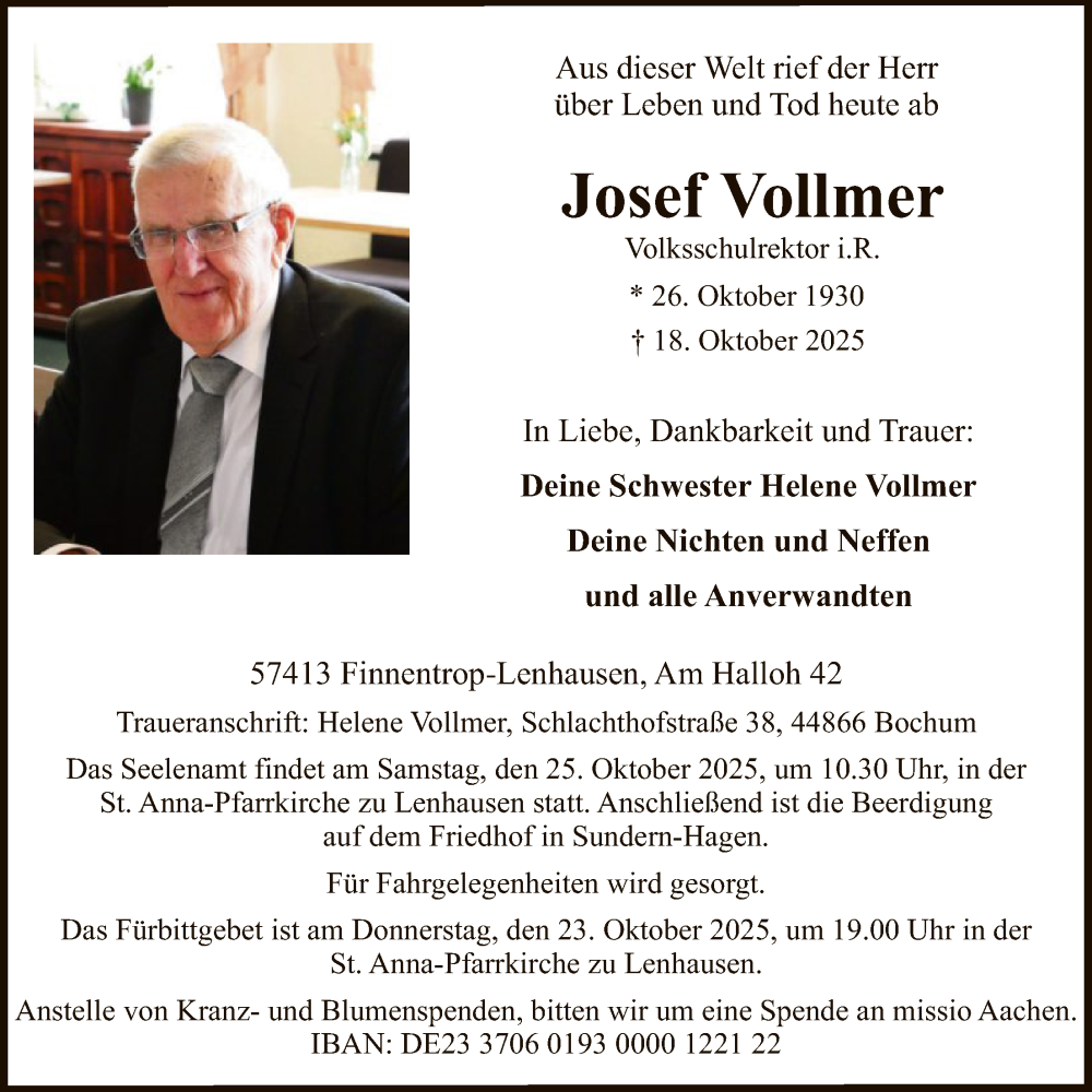  Traueranzeige für Josef Vollmer vom 25.10.2025 aus HASK