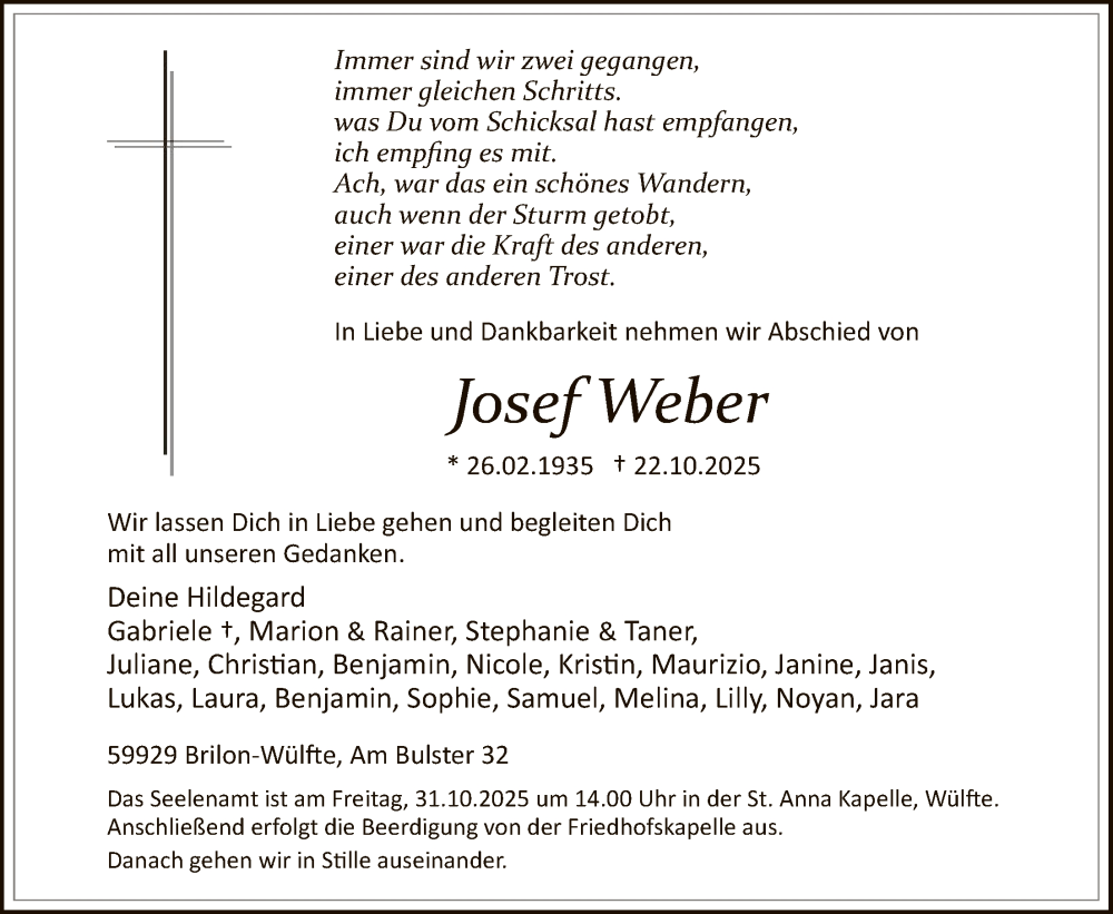  Traueranzeige für Josef Weber vom 25.10.2025 aus HASK
