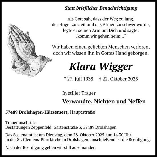 Traueranzeige von Klara Wigger von HASK