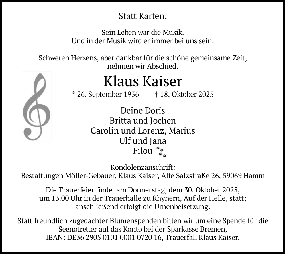 Traueranzeige für Klaus Kaiser vom 25.10.2025 aus HAWA