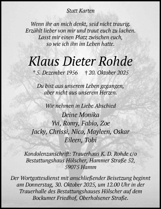 Traueranzeige von Klaus Dieter Rohde von HAWA
