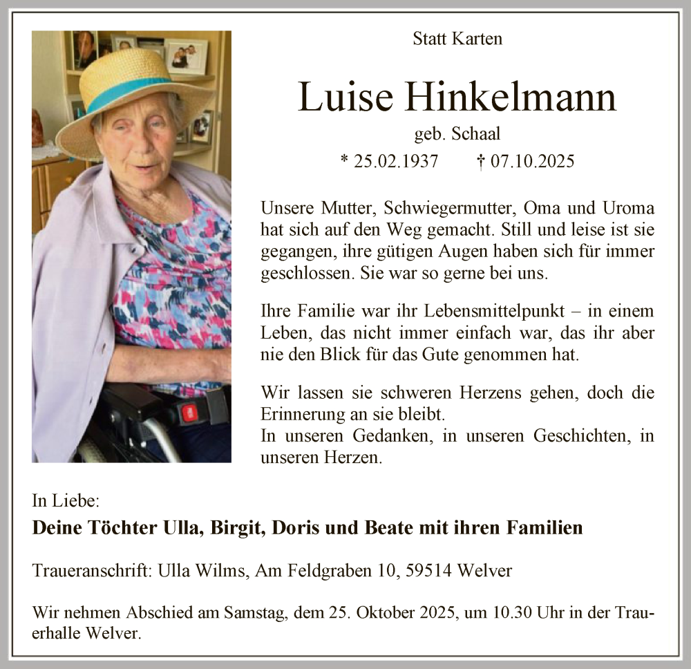  Traueranzeige für Luise Hinkelmann vom 11.10.2025 aus HASO