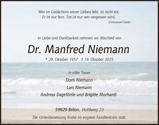 Traueranzeige von Manfred Niemann von HASK