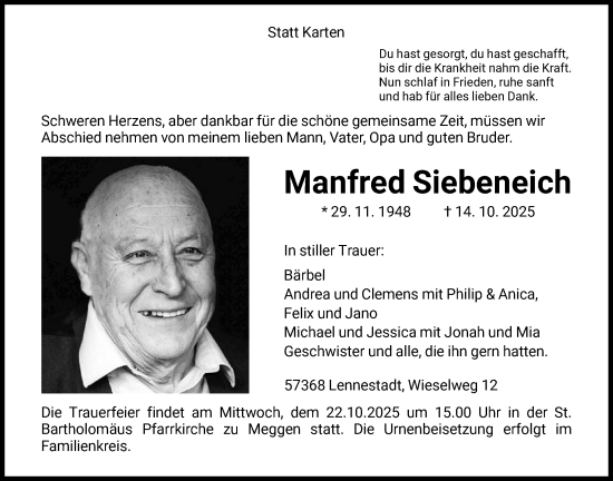 Traueranzeige von Manfred Siebeneich von HASK