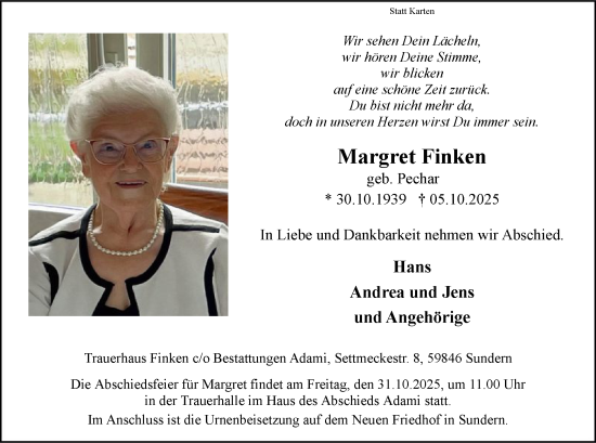 Traueranzeige von Margret Finken von HASK