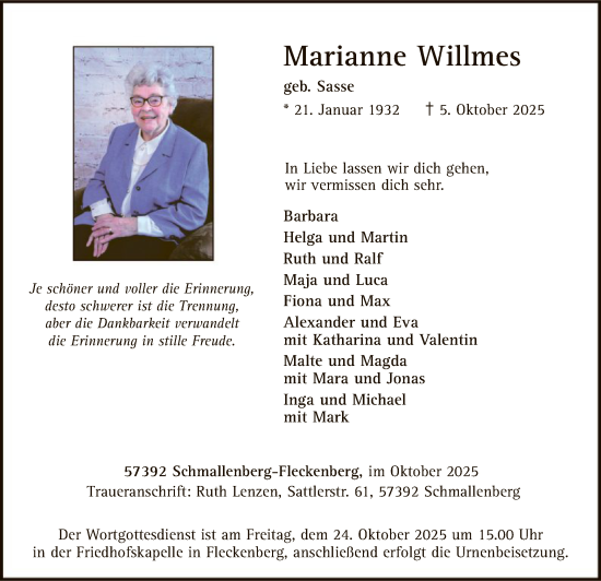Traueranzeige von Marianne Willmes von HASK