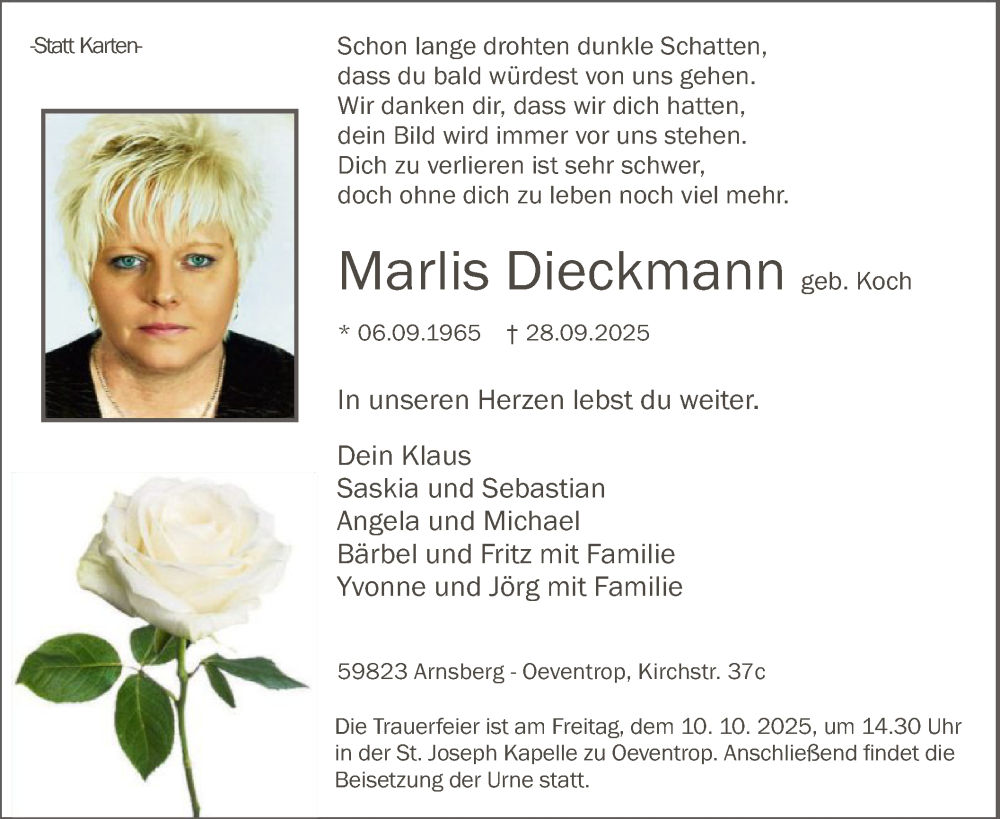  Traueranzeige für Marlis Dieckmann vom 04.10.2025 aus HASK