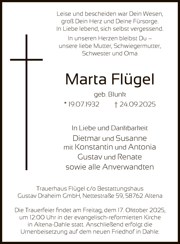  Traueranzeige für Marta Flügel vom 11.10.2025 aus HALN