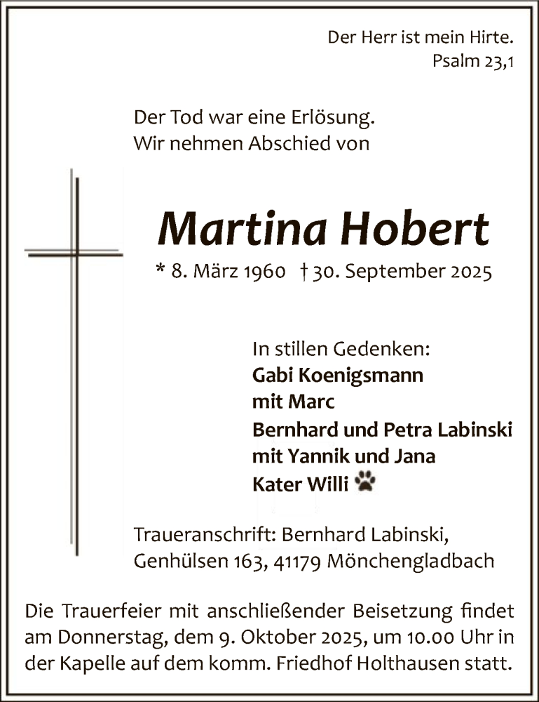  Traueranzeige für Martina Hobert vom 06.10.2025 aus HALN