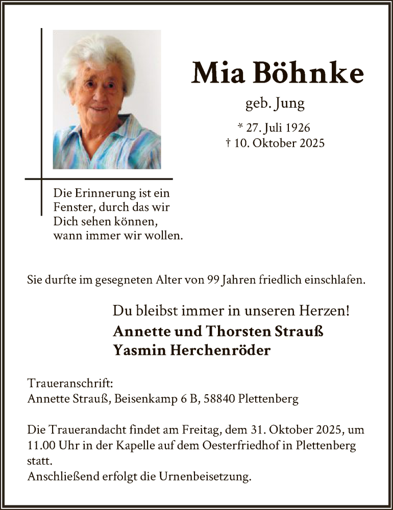  Traueranzeige für Mia Böhnke vom 18.10.2025 aus HASK