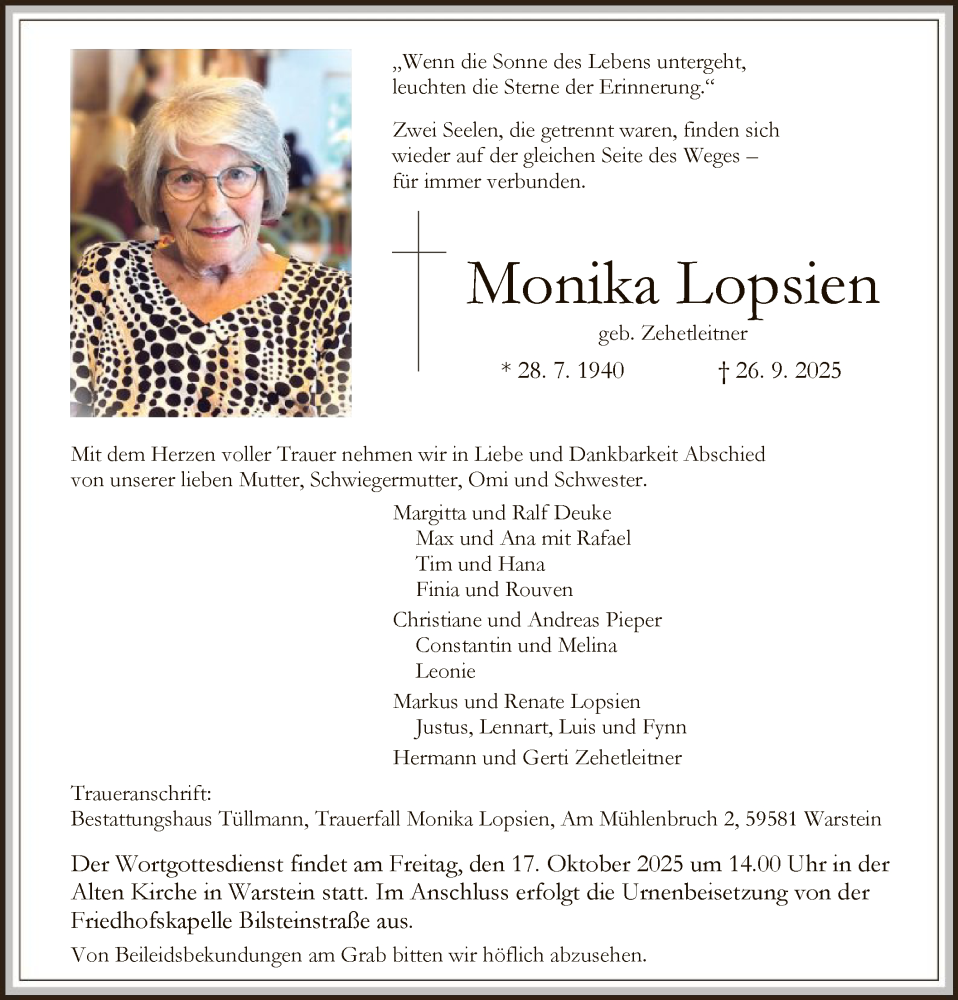  Traueranzeige für Monika Lopsien vom 04.10.2025 aus HASO